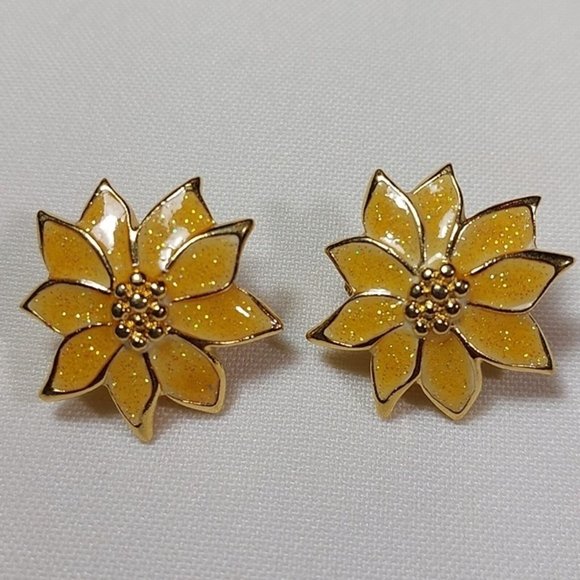 Avon Jewelry - Vintage 1980's Avon Glitter Enamel Yellow Poinsettia Gold Tone Clip On Earrings